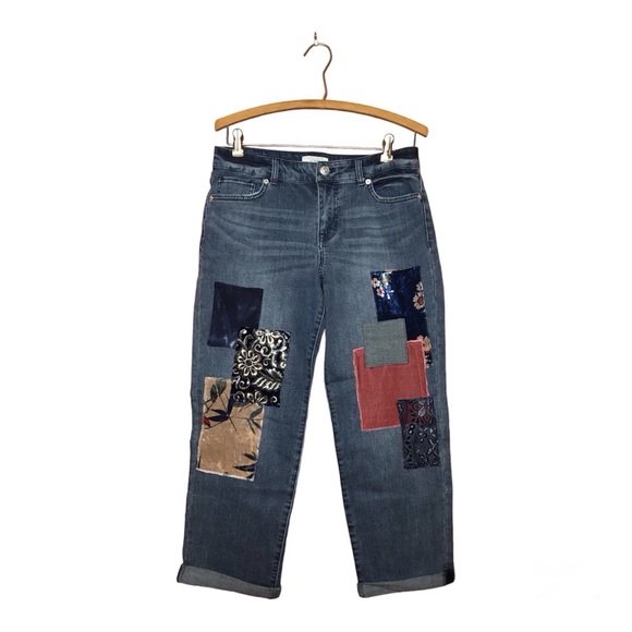 LOGO by Lori Goldstein Limited Edition Velvet Patchwork Jeans Medium Wash 6P - Picture 1 of 11